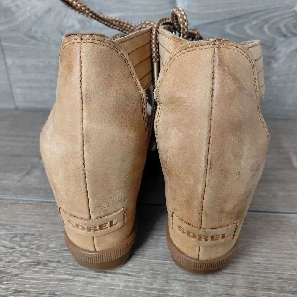 SOREL Sandals Womens 6.5 Tan Joanie II Leather Strappy Lace Up Wedge Heel Shoes